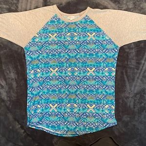 LuLaRoe Randy Tee: Blue and Teal with White Design and Grey Sleeves (XL)